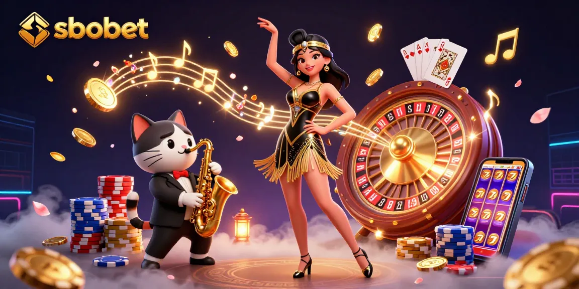 SBOBET sports betting lively scene with colorful casino elements, highlighting energetic gaming atmosphere.