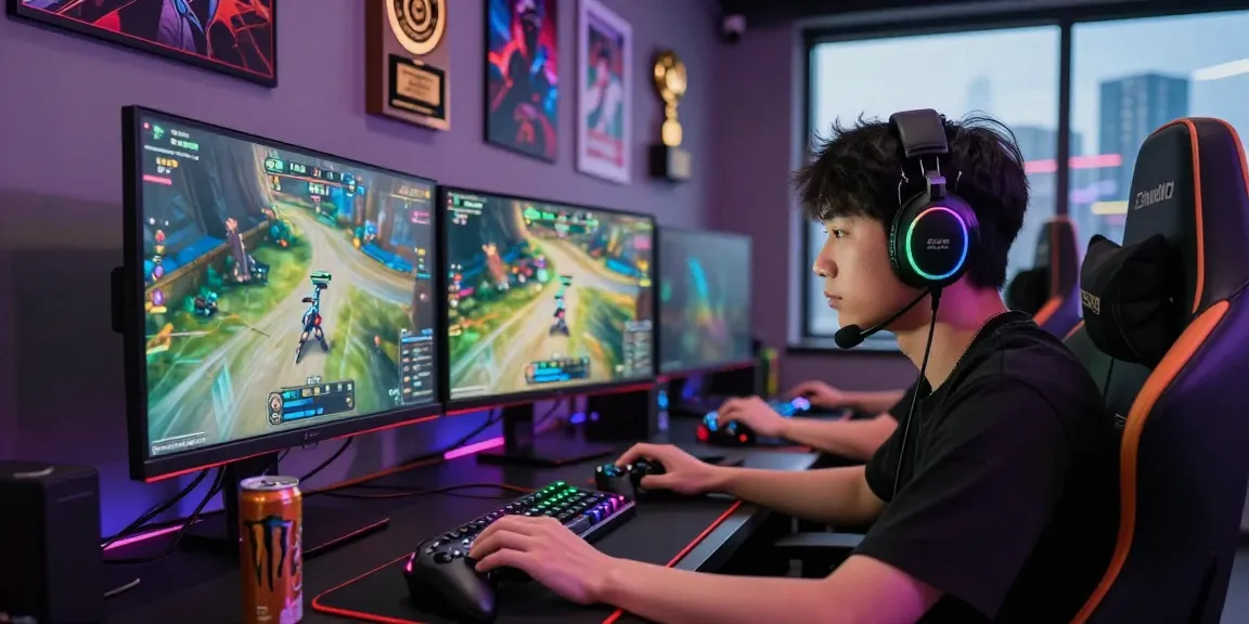 Gamer engaged in intense rokok88 gameplay, dual monitors illuminating a competitive esports environment.