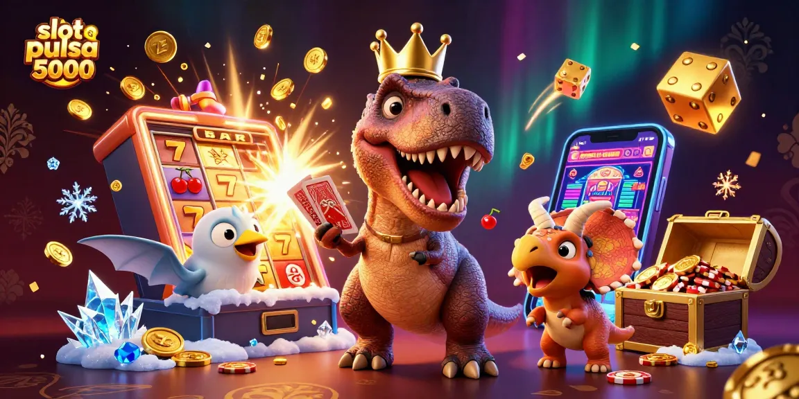 Slot pulsa 5000: T-Rex dan teman bermain kartu sambil menumpuk chip emas.
