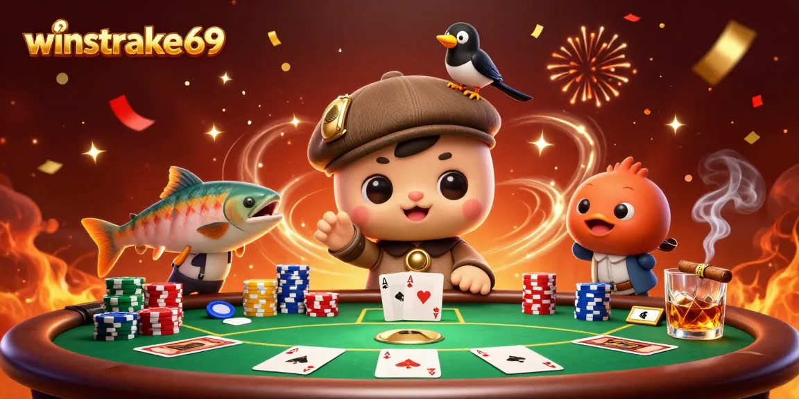 Experience excitement at winstrike69 with a lively 3D illustration featuring adorable characters at a poker table.