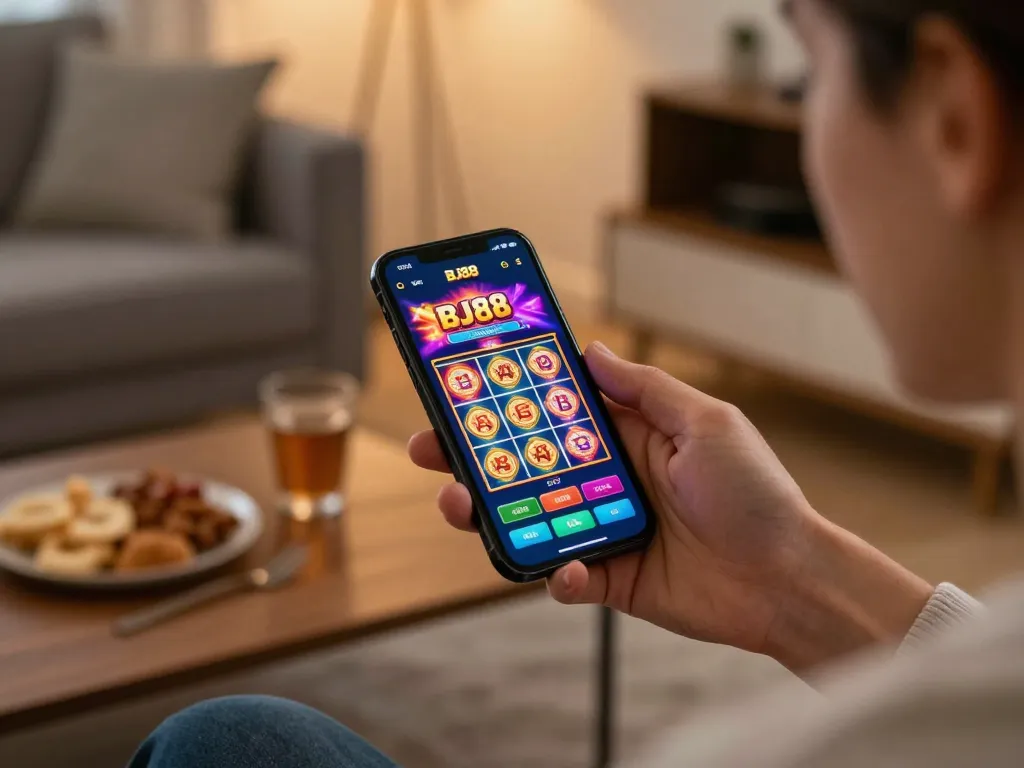Playing BJ88 on a smartphone in a cozy home setting highlights the excitement of online gambling.