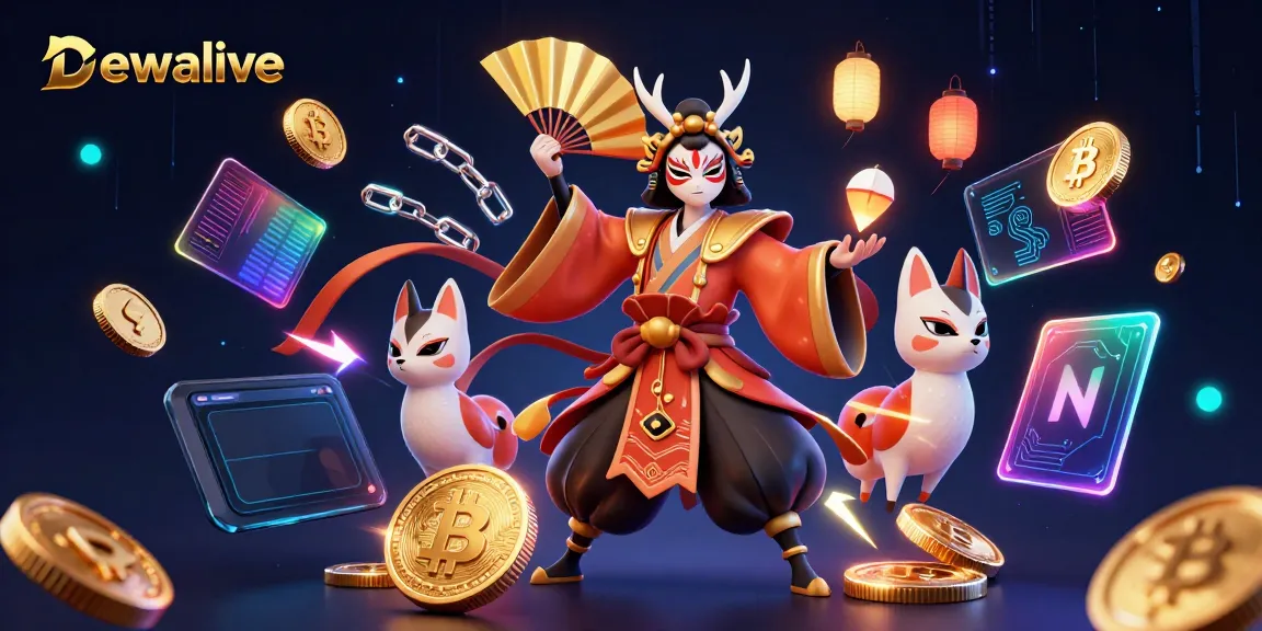 Dewalive showcases a vibrant casino scene featuring a kabuki warrior and kitsune mask, surrounded by glowing crypto elements.
