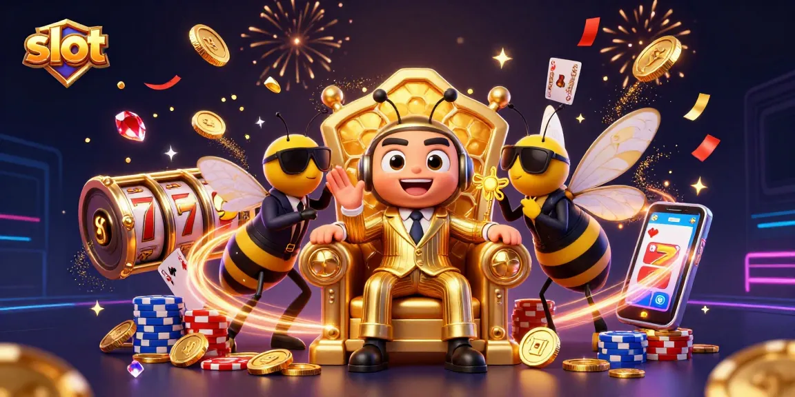 Spin to win with slot machines surrounded by a bumblebee mob boss and dazzling casino elements.