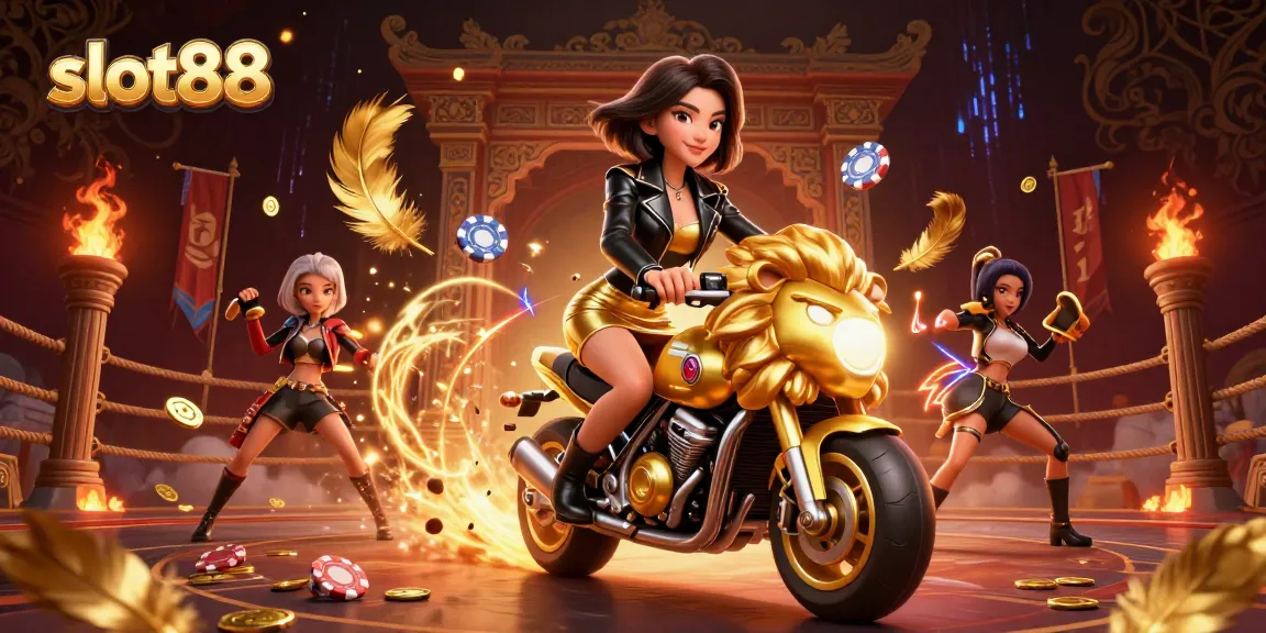 Experience thrilling slot88 action with our glamorous lion-riding heroine amidst vibrant casino elements.