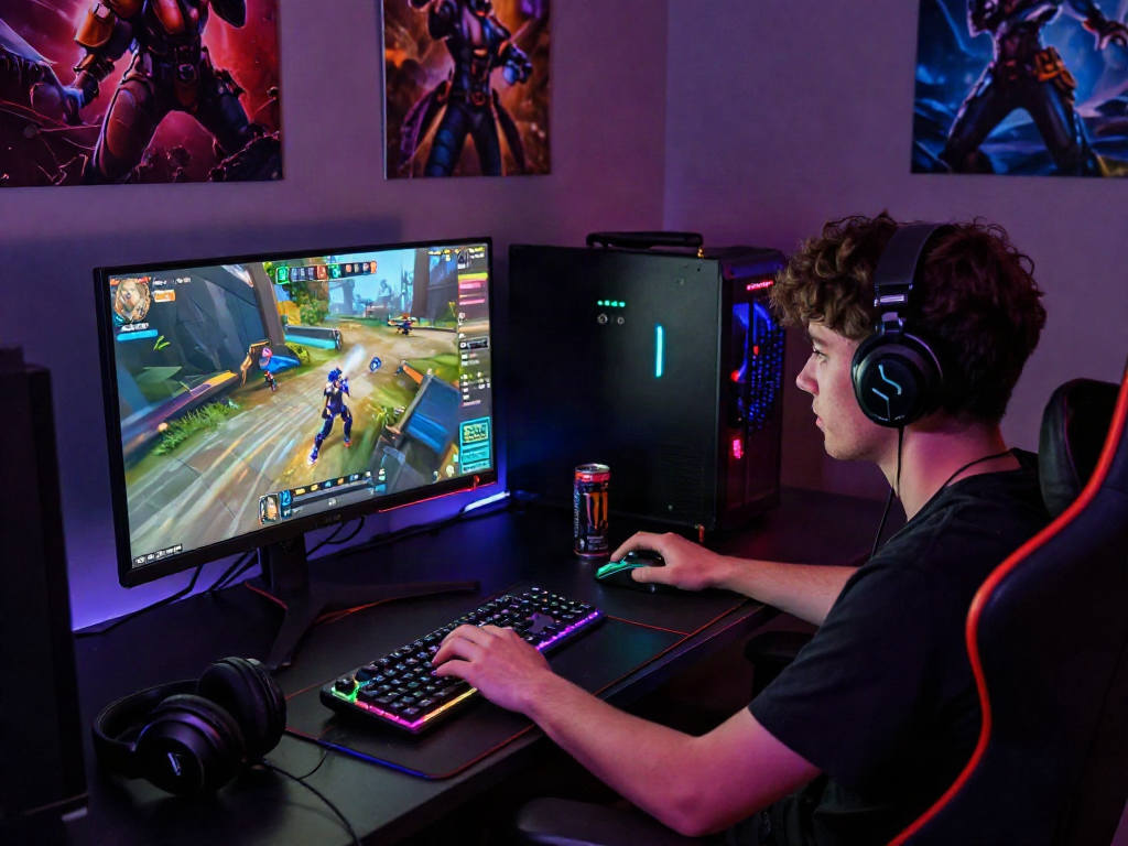Player using rokok88 login in an immersive online gaming setup with vibrant lights, high-resolution monitor, and gaming gear.
