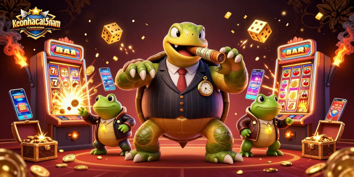 Engage exciting gameplay at keonhacai5nam with cartoon turtle mobster and thrilling casino elements.