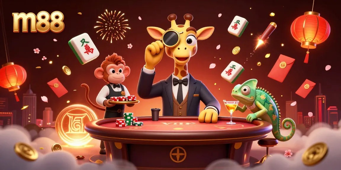 Experience thrilling m88 gaming with a high-roller giraffe at a lively poker table amidst vibrant casino elements.