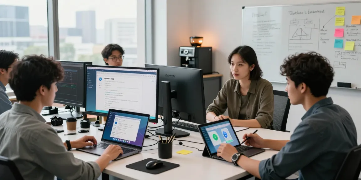 This tech workspace features collaborative developers discussing Telegram中文版 on laptops and tablets, highlighting innovative software development.
