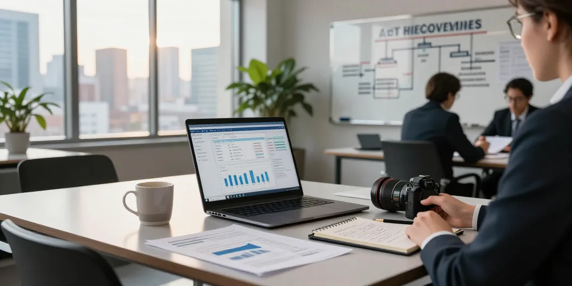 Asset tracing investigation scene in a modern office highlighting professional tools and teamwork.