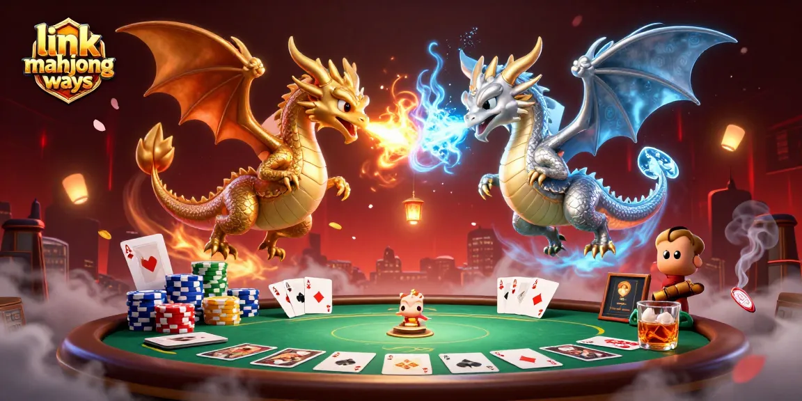 Engage with link mahjong ways in this vibrant scene featuring dragons and poker elements.