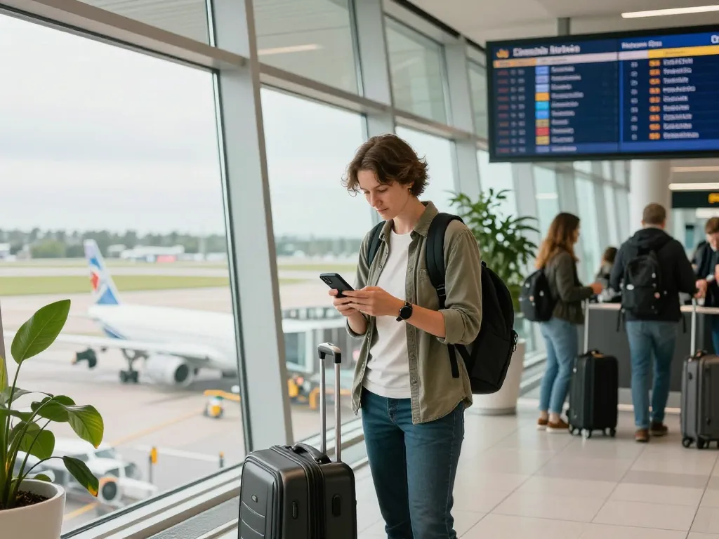 Gatwick Airport from Halifax traveler checking flight details by window in vibrant airport lounge.