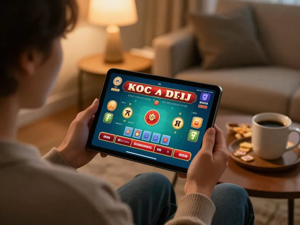 xóc đĩa online gameplay on tablet in a cozy home setting with snacks and warm lighting