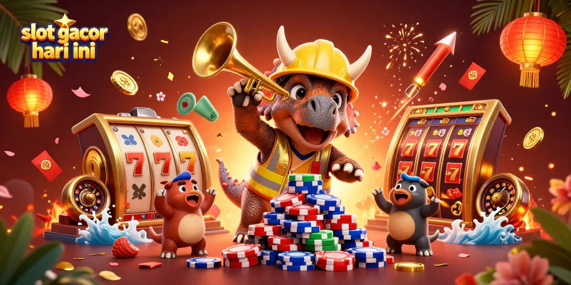 Engage with exciting slot gacor hari ini action featuring cartoon dinosaurs celebrating big wins amidst vibrant casino elements.
