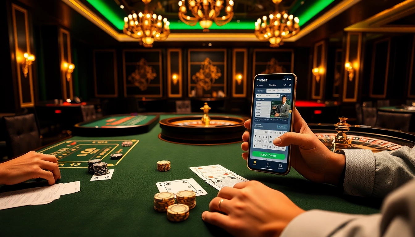 Engaged gamblers enjoying a lively Thabet casino experience with various games and betting elements.