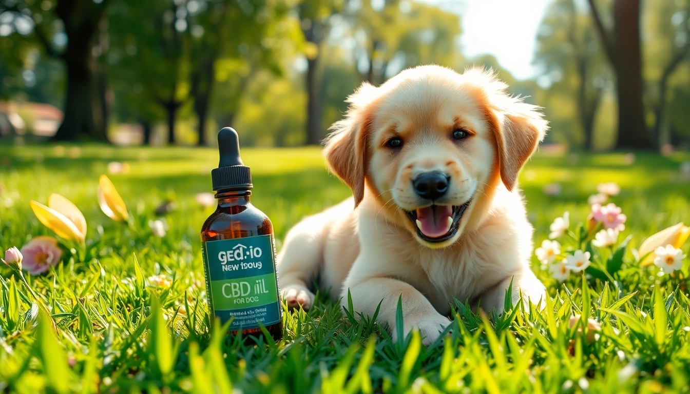 Playful golden retriever puppy with CBD Oil For Dog bottle in a bright, park setting.