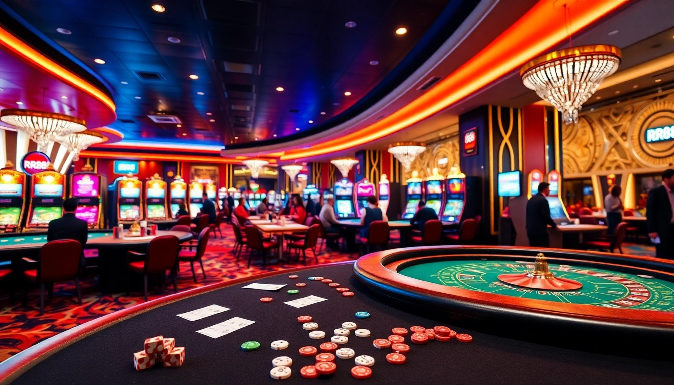 Experience the excitement of RR88 at a modern casino with vibrant slot machines and gaming tables.