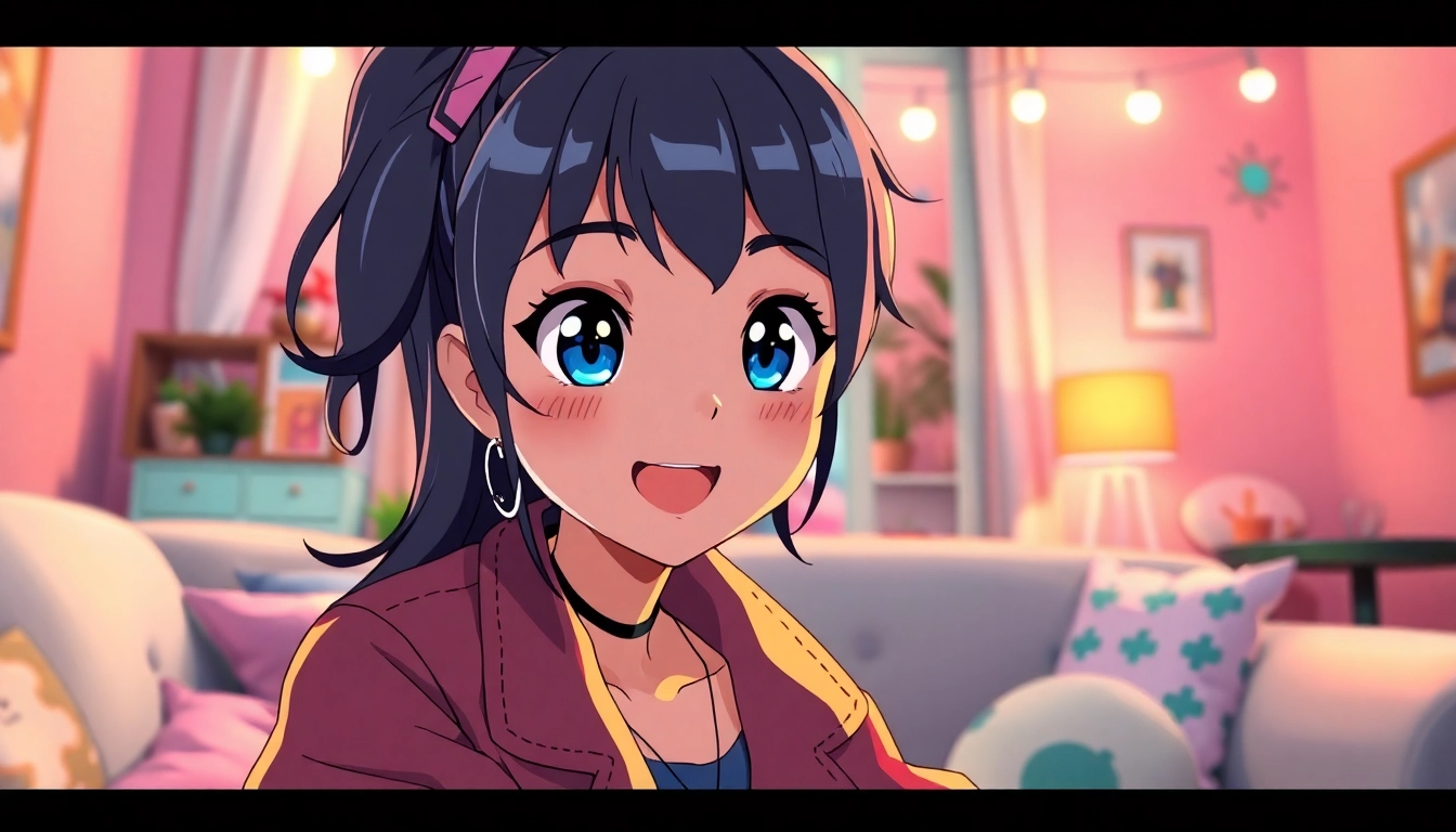 Engaging anime sex character scene in a cozy, colorful room.