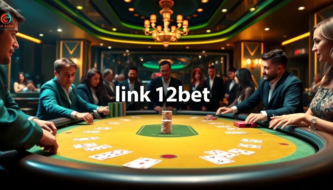 Exciting casino scene showcasing players engaging at a poker table with a digital 'link 12bet' interface in view.