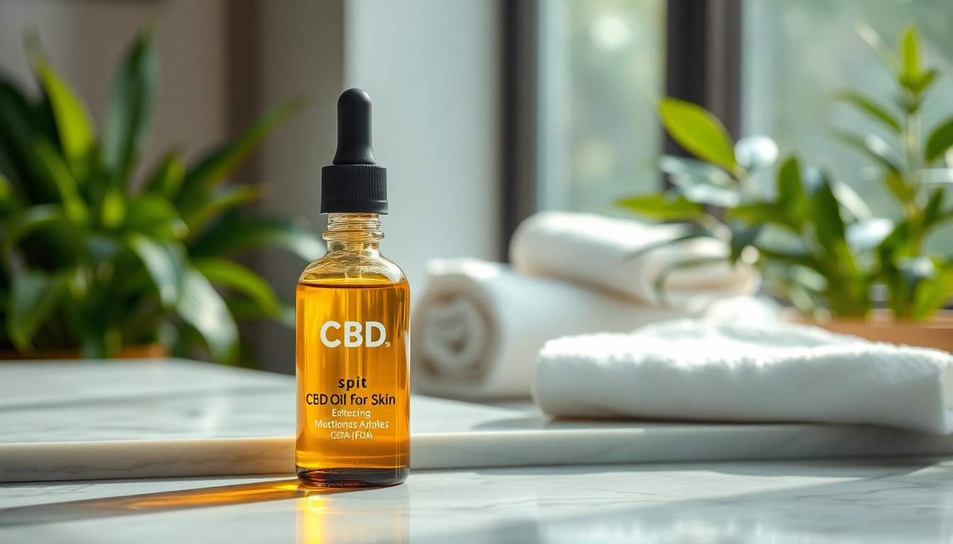 Applying CBD oil for skin from a stylish bottle in a serene spa-like setting.