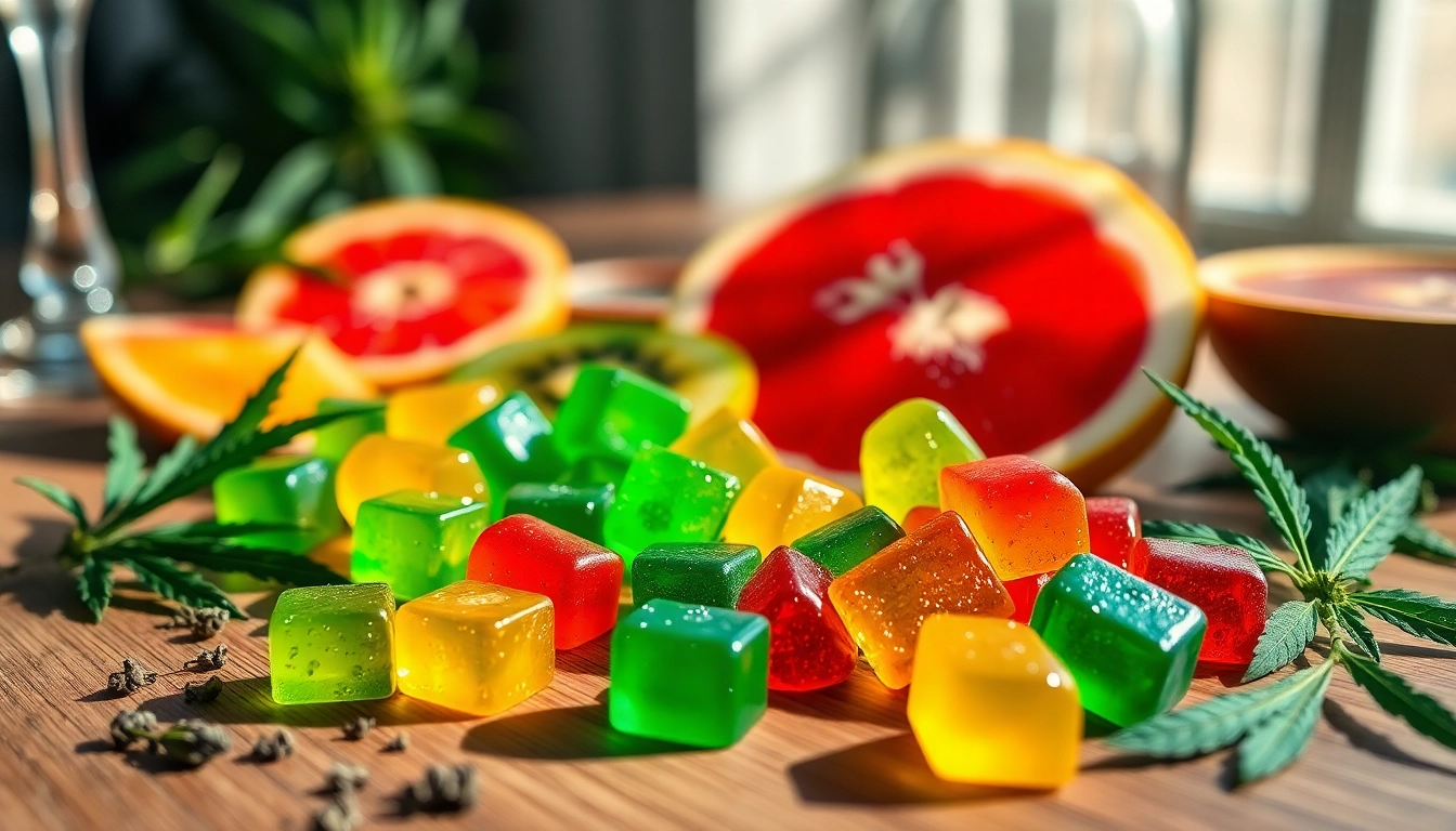Showcasing colorful Weed Gummies alongside fresh fruit, emphasizing their delicious flavors and inviting nature.