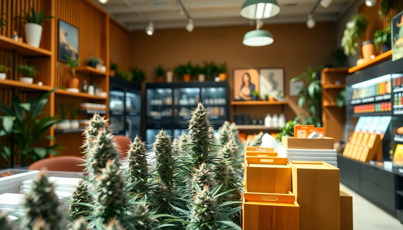 Browse premium products at a welcoming Weed Store featuring a vibrant cannabis display.