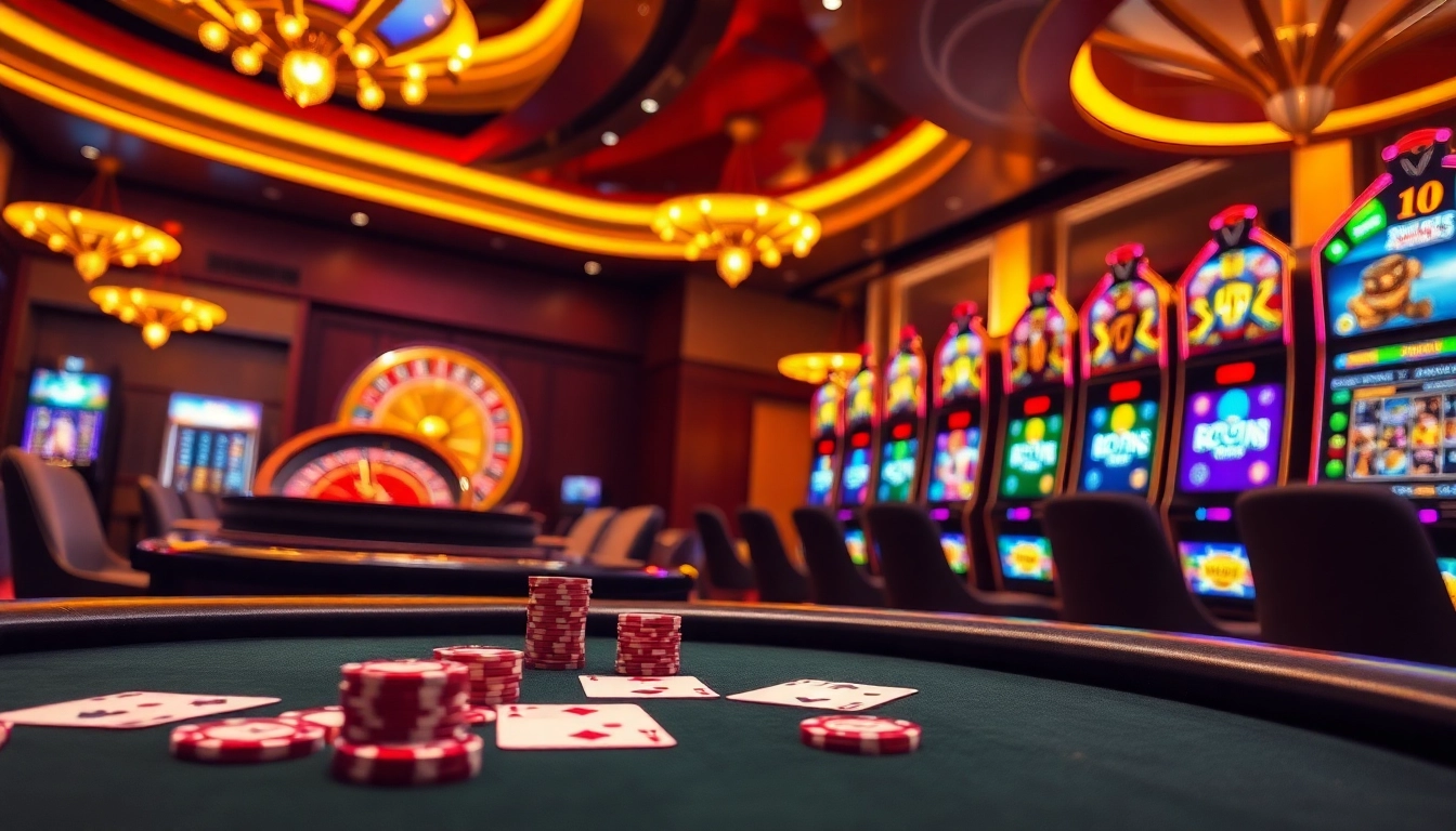 Exciting gaming experience at rajatoto88 with poker tables and vibrant slot machines.