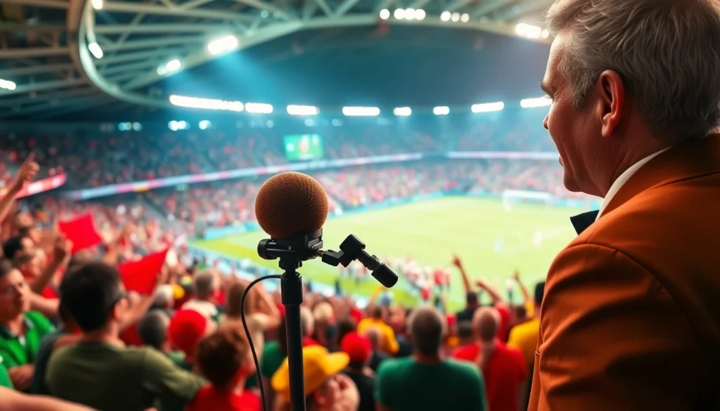 Action-packed sports broadcasting event featuring an announcer and excited fans.