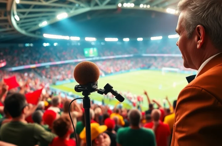Action-packed sports broadcasting event featuring an announcer and excited fans.