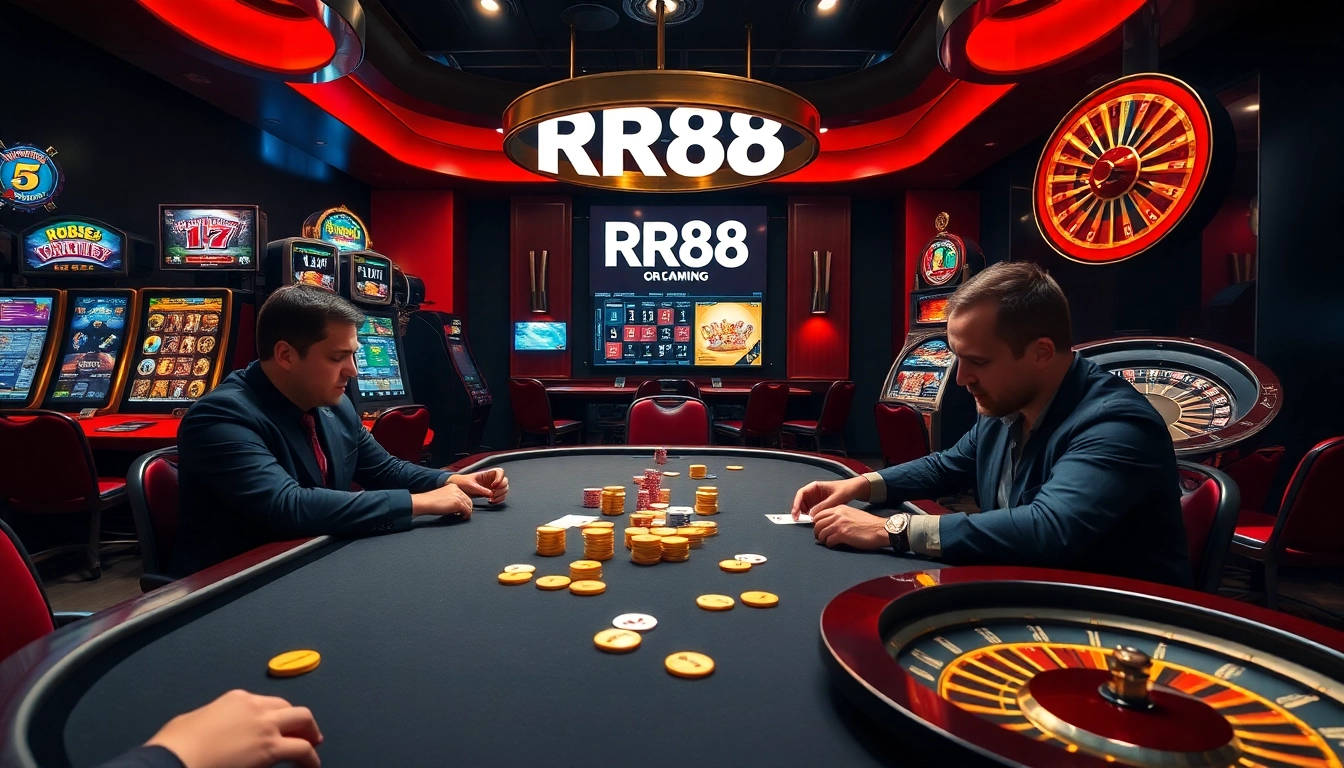 Players engaged in high-stakes poker at RR88 casino with luxurious surroundings.