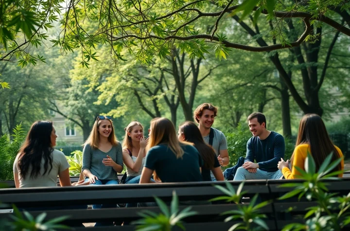 Engaging social group discussing cannabis culture in weed telegram london at a park.