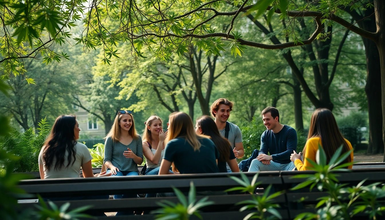 Engaging social group discussing cannabis culture in weed telegram london at a park.