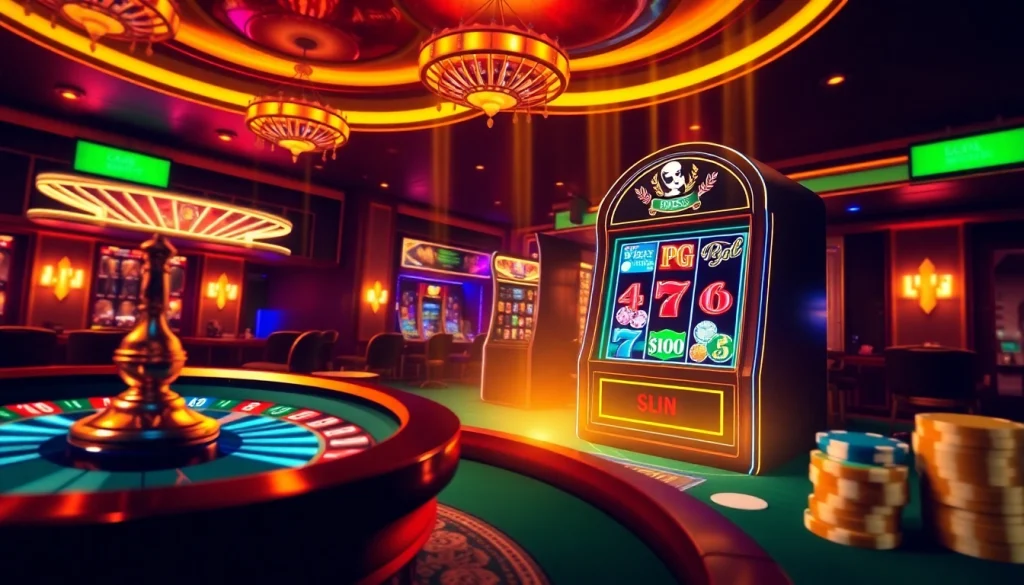 Experience the excitement of pg slot demo with a luxurious casino ambiance featuring slot machines and poker elements.