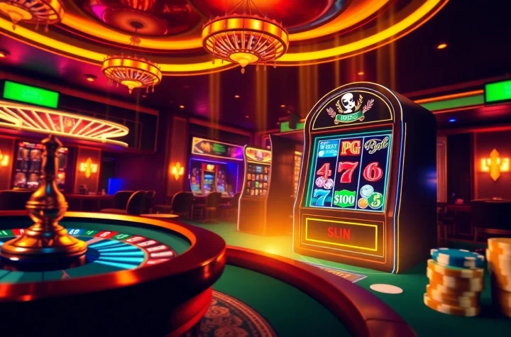Experience the excitement of pg slot demo with a luxurious casino ambiance featuring slot machines and poker elements.