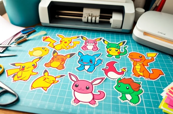Colorful Pokémon SVG designs ready for Cricut crafting on a workspace.
