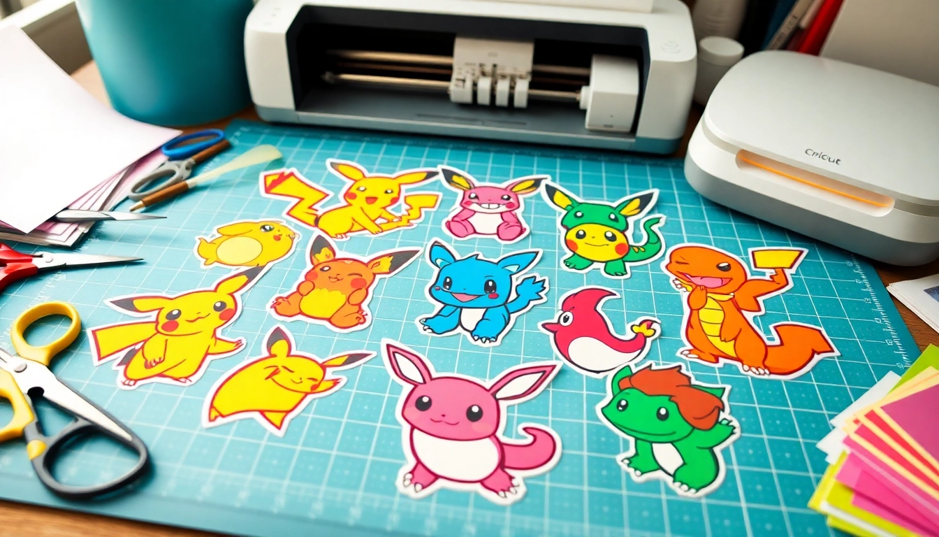 Colorful Pokémon SVG designs ready for Cricut crafting on a workspace.