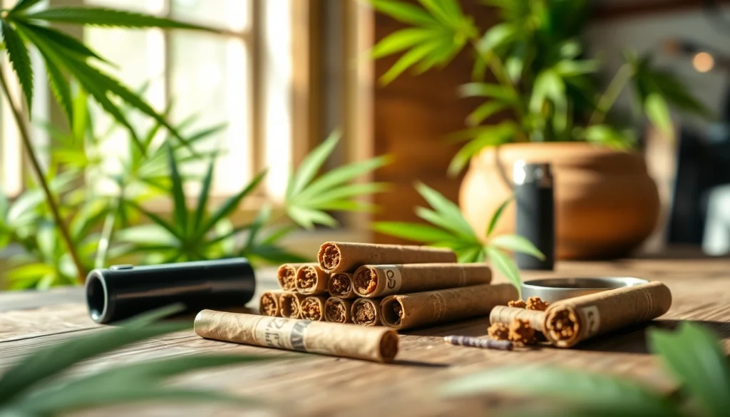 Experience the rich textures of delta 8 prerolls elegantly arranged on a rustic table with greenery.