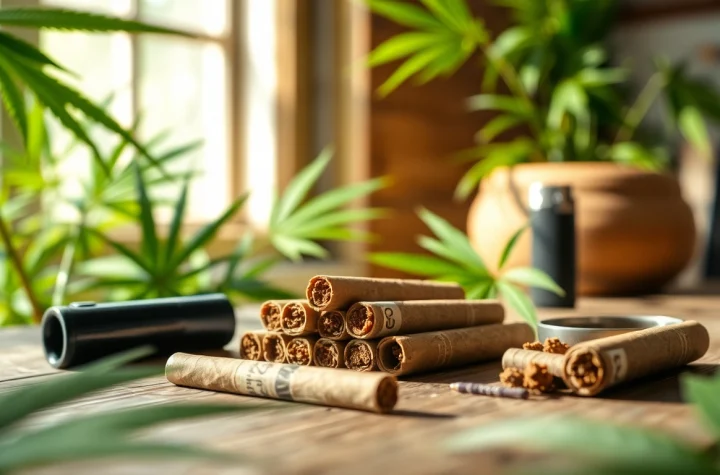 Experience the rich textures of delta 8 prerolls elegantly arranged on a rustic table with greenery.