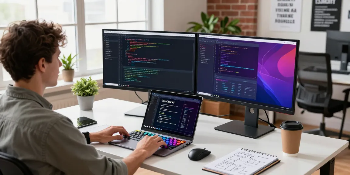 Professional workspace with open claw AI assistant in use, highlighting dual monitors and modern tech.