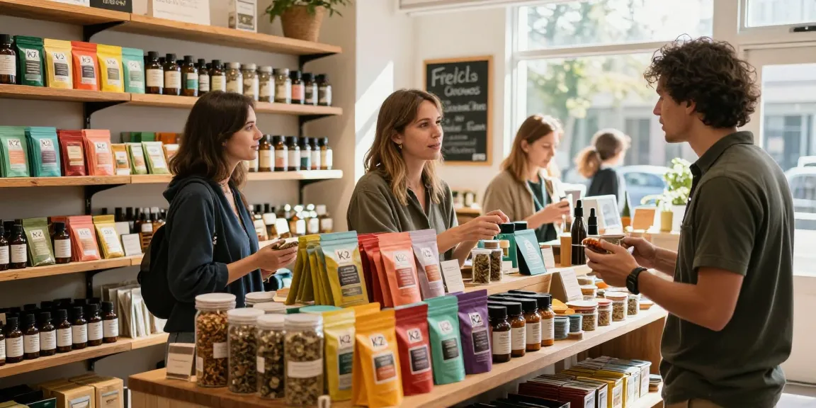 K2 herbal shops featuring a diverse range of herbal products in a vibrant retail space with a friendly shopkeeper.
