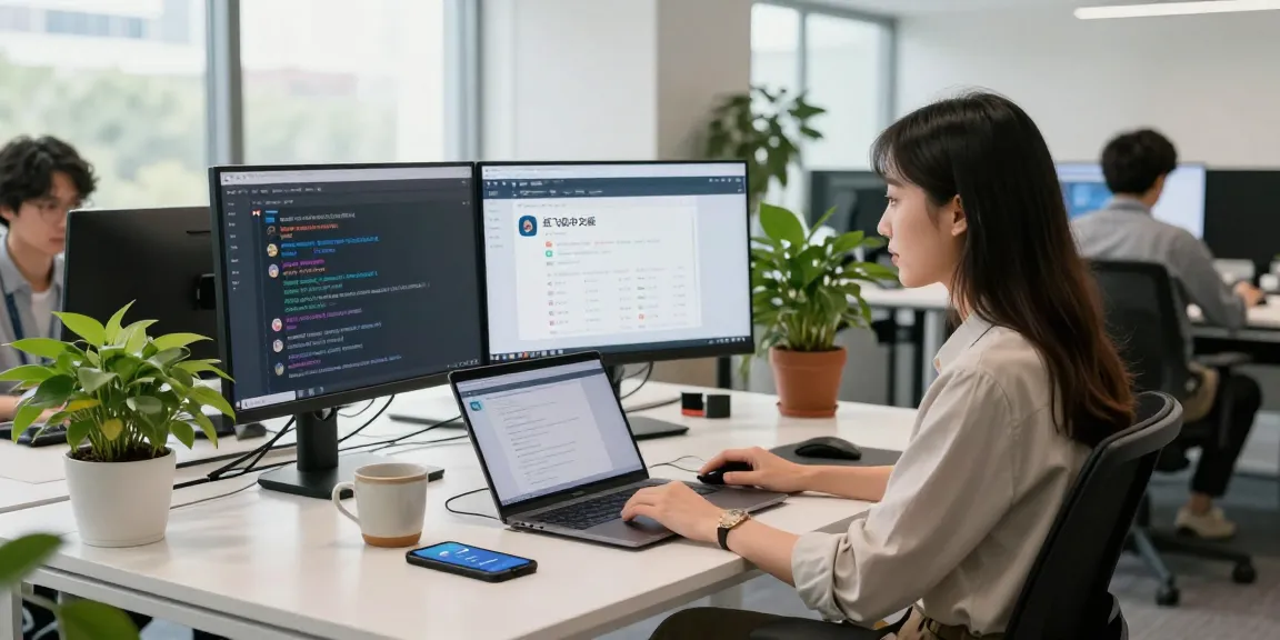 Workspace featuring 纸飞机中文版 on laptop, collaborative tech environment with natural light and modern decor.