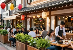 Enjoying a meal at 상봉동 한국관, a popular Korean restaurant with vibrant outdoor dining.