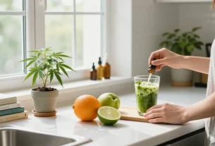 Edibles online with CBD oil, fresh fruits, and hemp plant in a bright kitchen, promoting natural wellness.