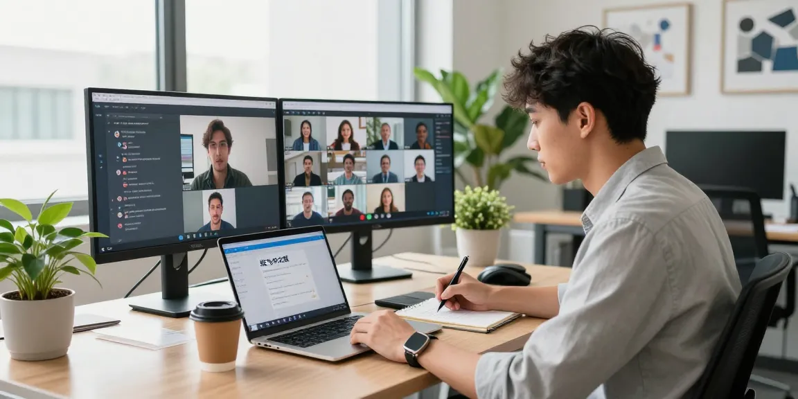 Professional using 纸飞机中文版 for video calls in a modern office.