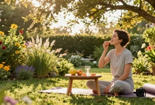 Enjoying edibles online in a tranquil garden setting with premium CBD gummies and vibrant natural elements for a wellness-focused lifestyle.