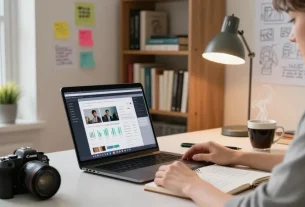 Content creator in a modern workspace focused on quality and authority blogs, surrounded by books and a laptop.