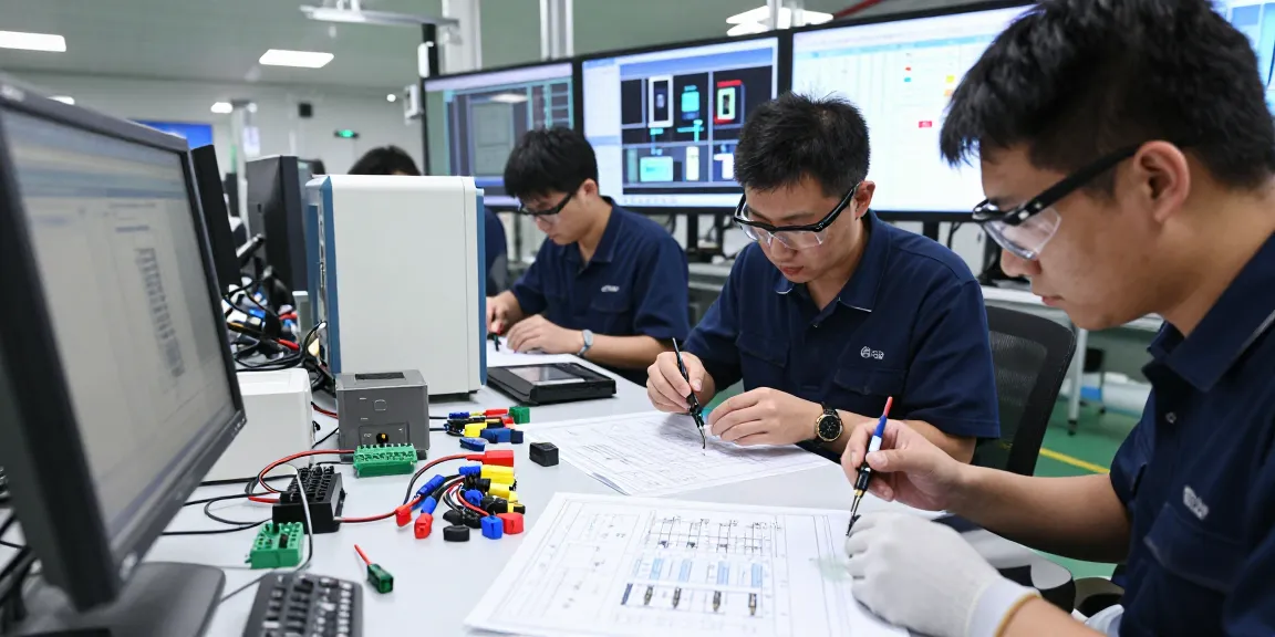 Engineers assembling wire crimp connectors in a modern electronics manufacturing facility, showcasing quality and innovation.