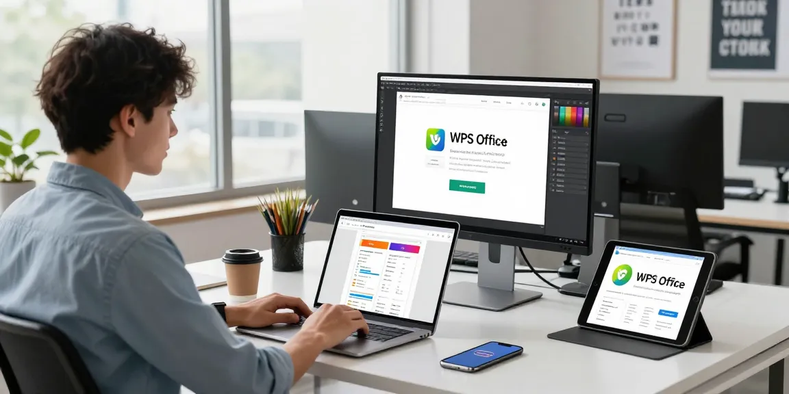 Download WPS Office with a young professional in a sleek office workspace showcasing productivity tools and devices.