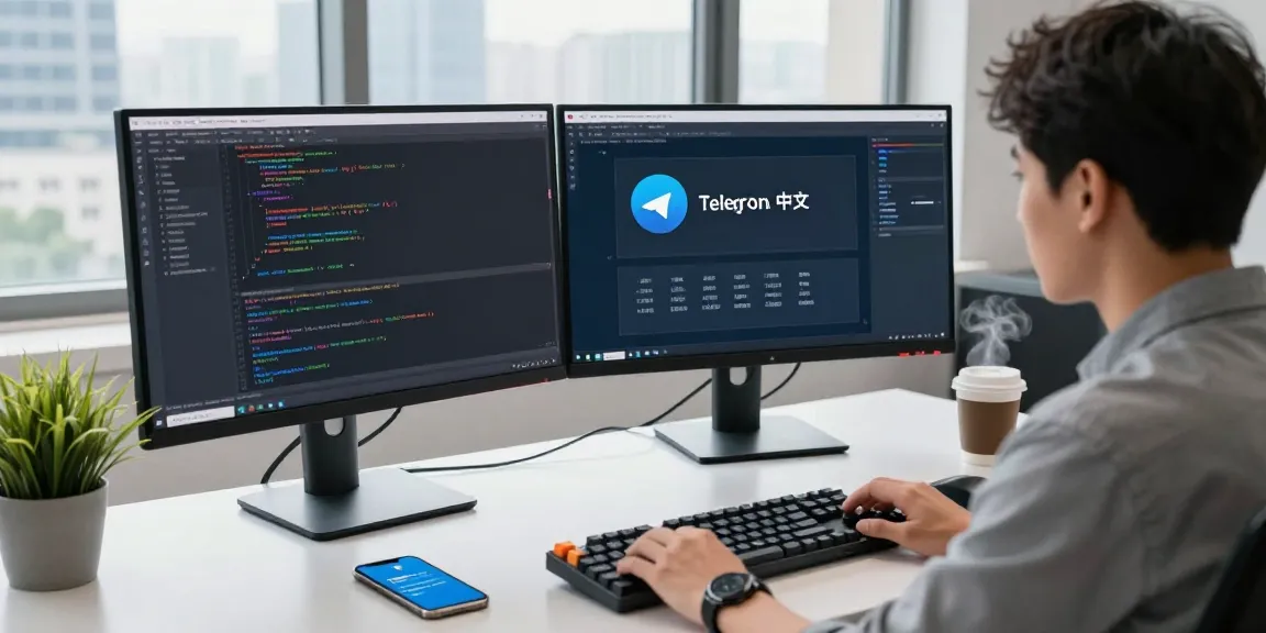 Developer using 纸飞机中文版 on dual monitors in a modern workspace.