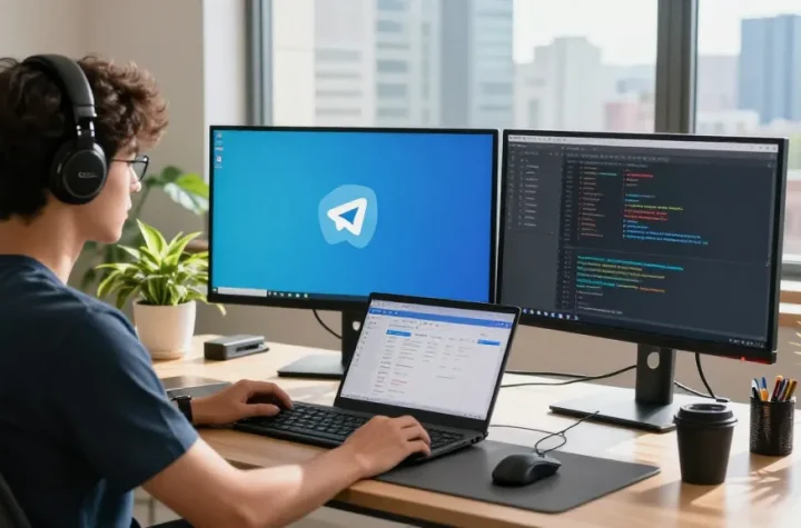 Telegram Download showcased in a modern workspace with coding tools and tech gadgets.