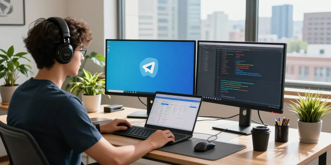 Telegram Download showcased in a modern workspace with coding tools and tech gadgets.